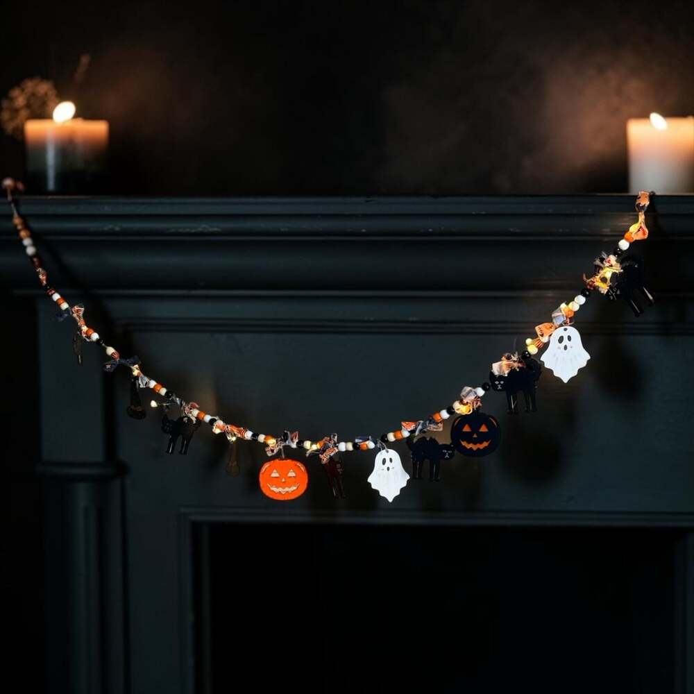 Handmade Halloween Wooden Bead Garland with LED Lights and Spooky Cutouts